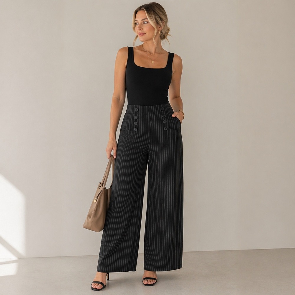 Sailor Wide Leg Pants Womens L Black Pinstripe High Waist Trousers Casual‎ Chic - Picture 2 of 15